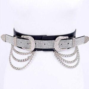 Silver Metallic Rhinestone Western Chain Double Buckle Elastic Statement Belt
